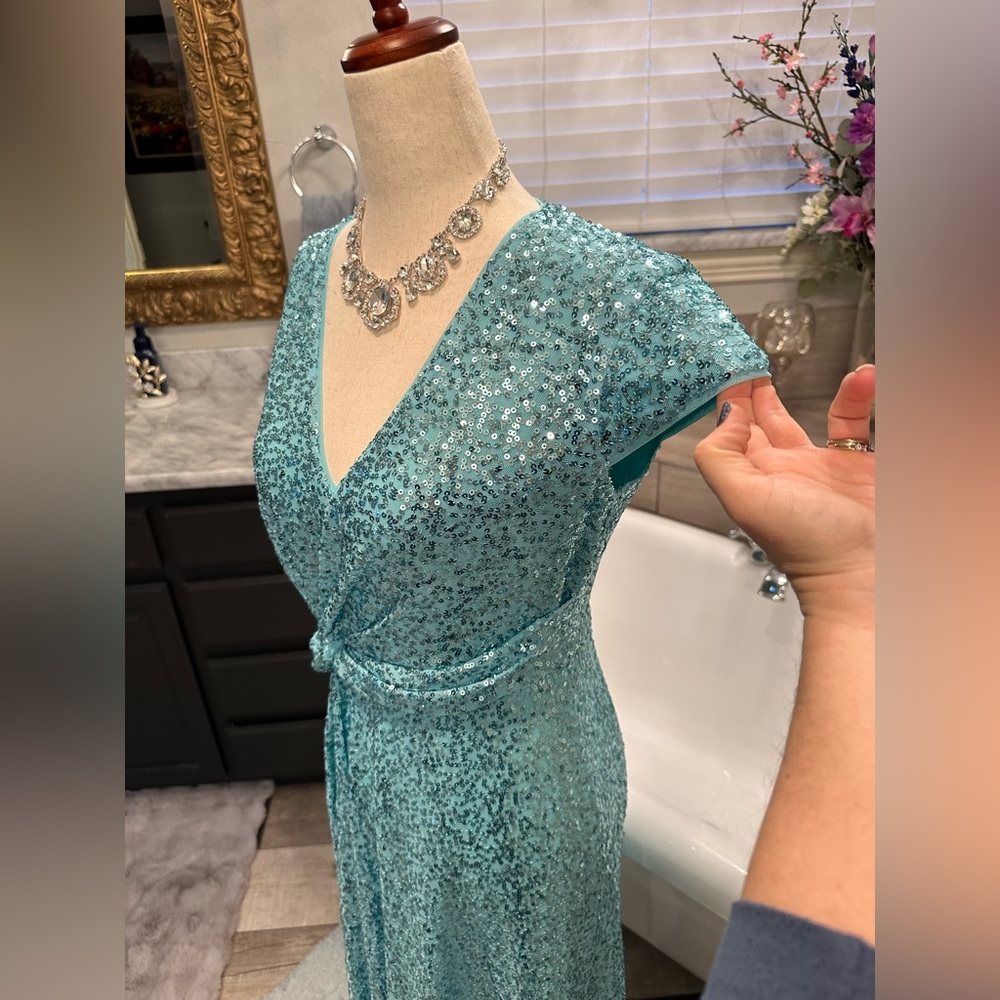 NWT Maggy London Aqua Teal Sequin Asymmetrical Spring Fling Dress 4 - Picture 5 of 12